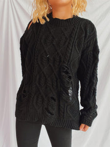 Distressed Cable-Knit Round Neck Long Sleeve Sweater (Available in 4 Color Options)