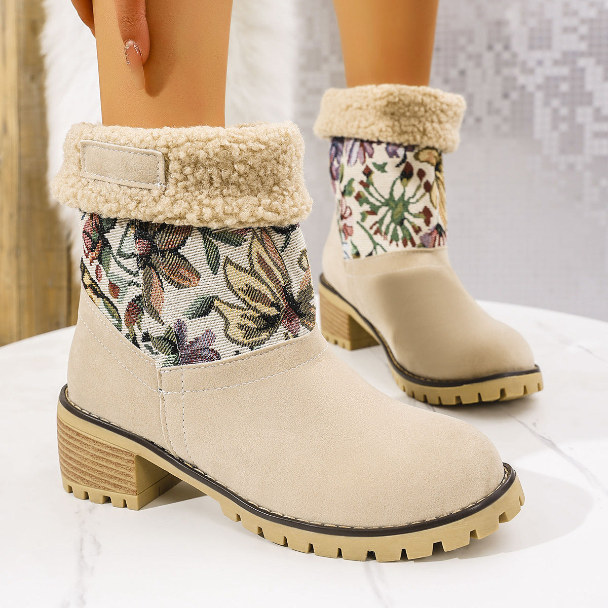 Embroidered Faux Fur Block Heel Boots