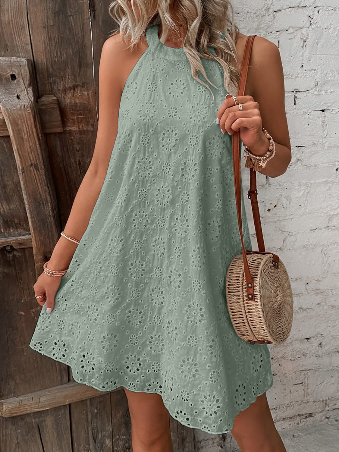 Eyelet Grecian Neck Mini Dress [ click for additional color options]