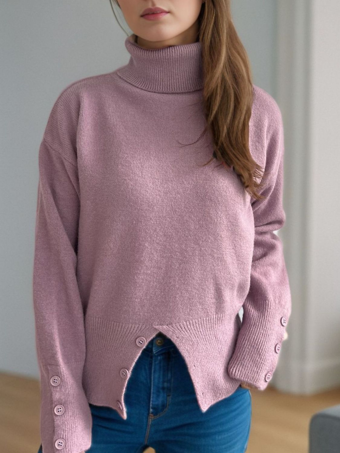 Front Slit Decorative Button Turtleneck Sweater🟤🟢⚪️🟠🟣🟡