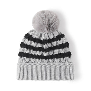 Striped Contrast Knit Hat with Pom-pom🟡🟣⚫️🟤⚪️