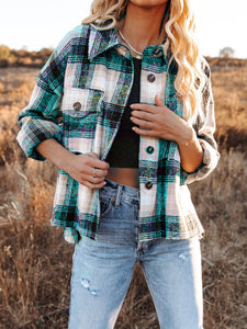 Pocketed Plaid Button Down Long Sleeve Shacket Available In 2 Color Options