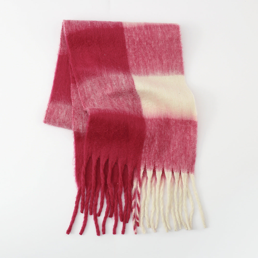 Fringe Contrast Plaid Polyester Scarf🟤🔴⚫️🟢