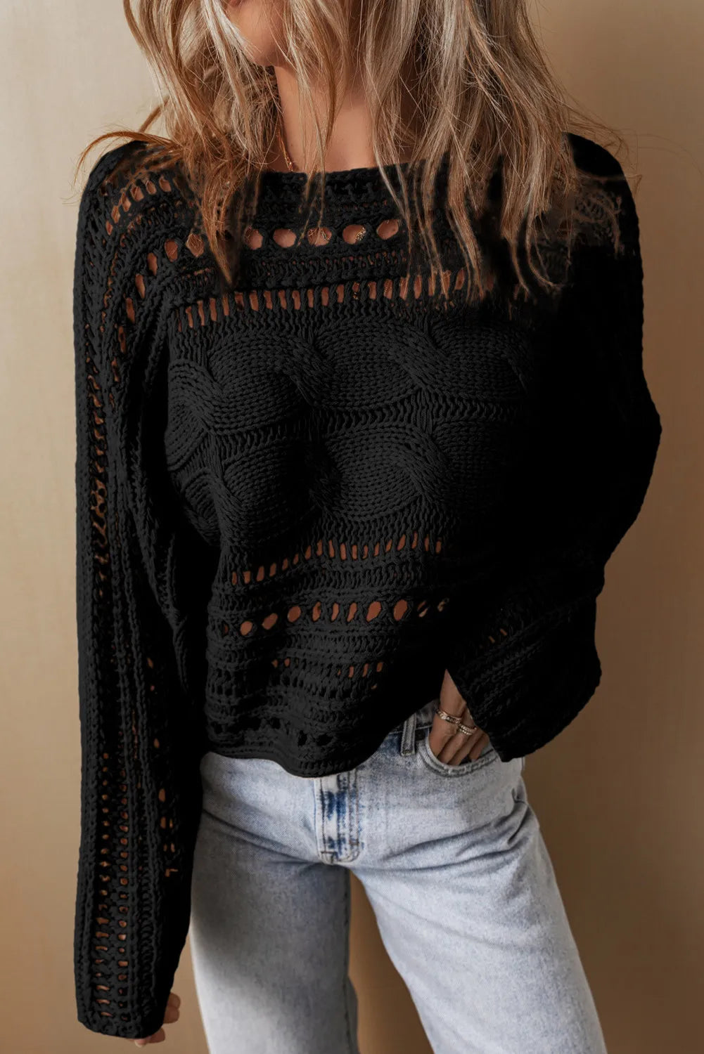 Cable-Knit Openwork Long Sleeve Sweater ( Available in Multiple Color Options)