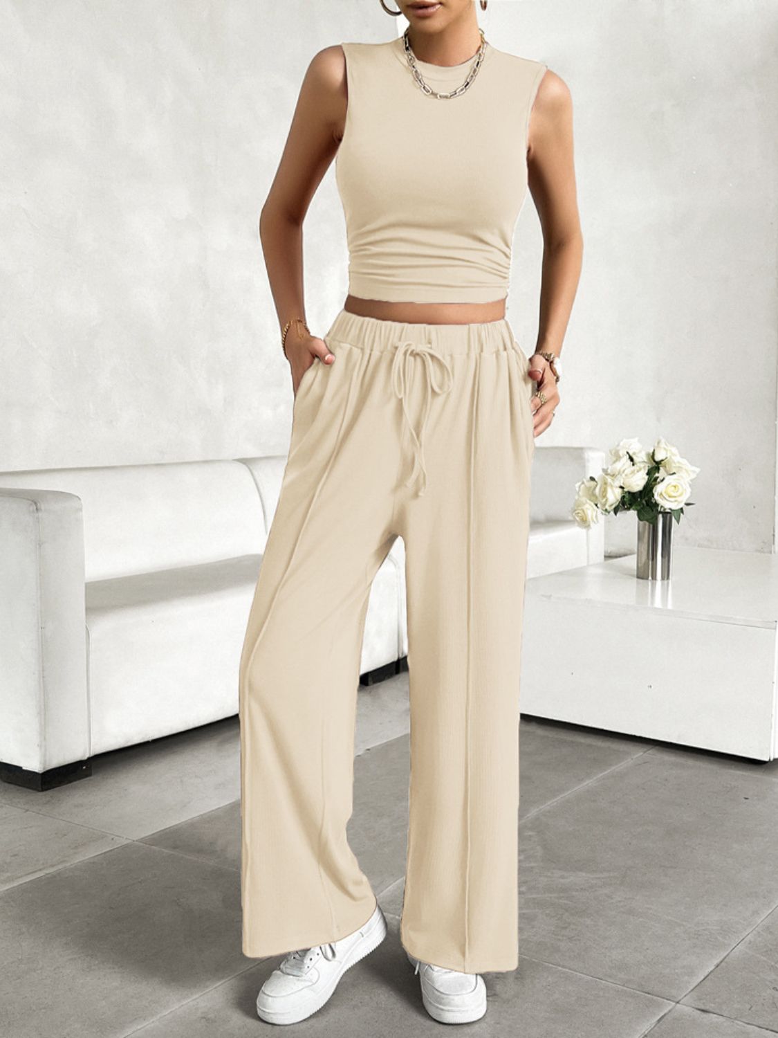 Mock Neck Sleeveless Top and Drawstring Pants Set [ click for additional color options]