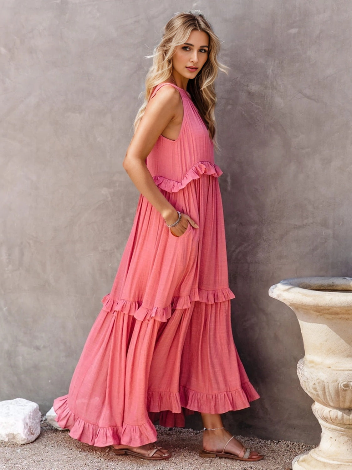Ruffled Sleeveless Tiered Maxi Dress with Pockets [ Click for additional Options]