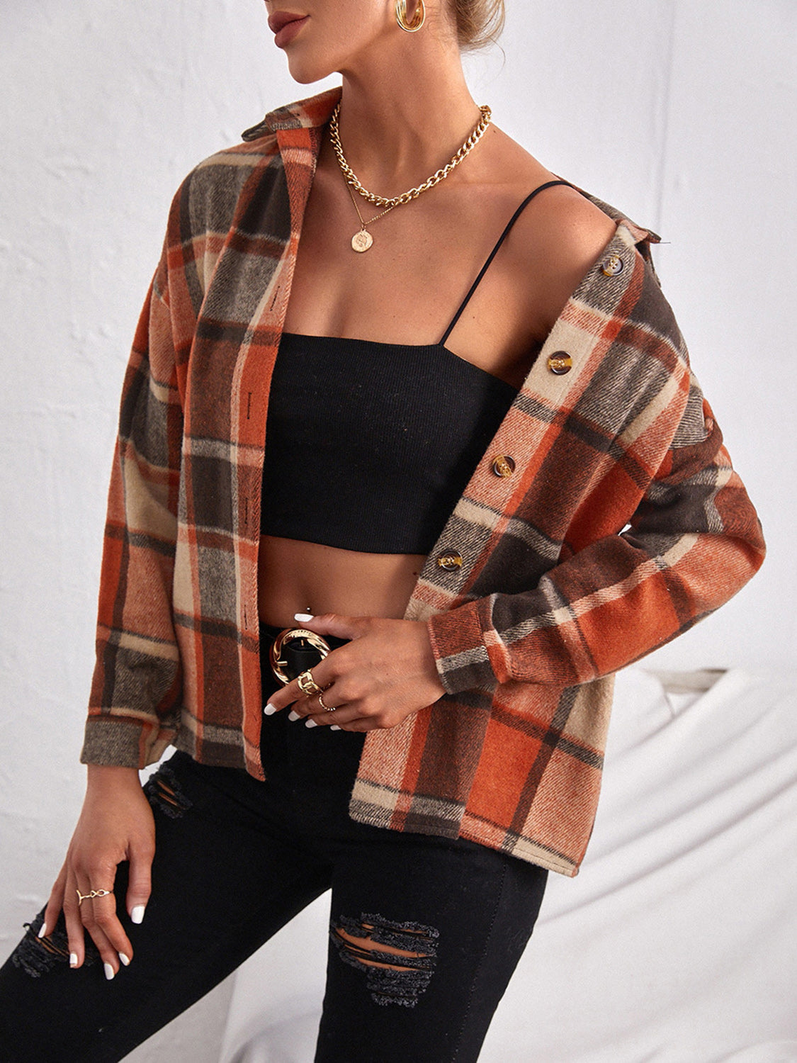 Plaid Collared Neck Button Down Jacket Available In Multiple Color Options