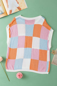 Color Block Round Neck Cap Sleeve Knit Top [ click for additional color options]