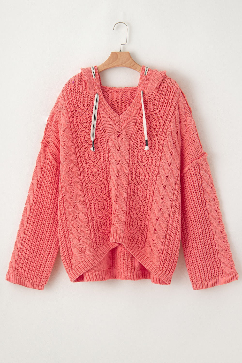 Drawstring Cable-Knit Hooded Sweater