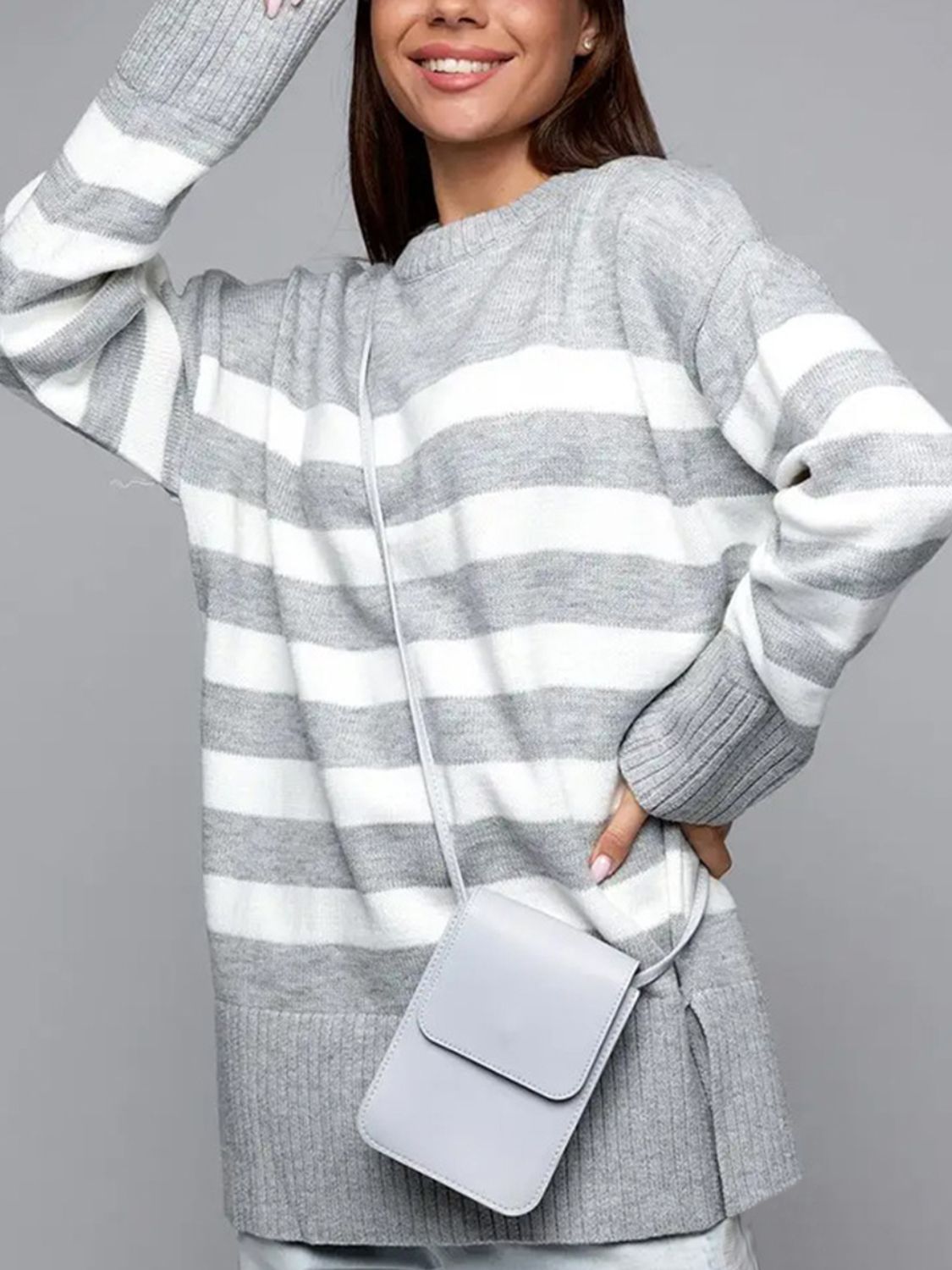 Slit Striped Round Neck Sweater