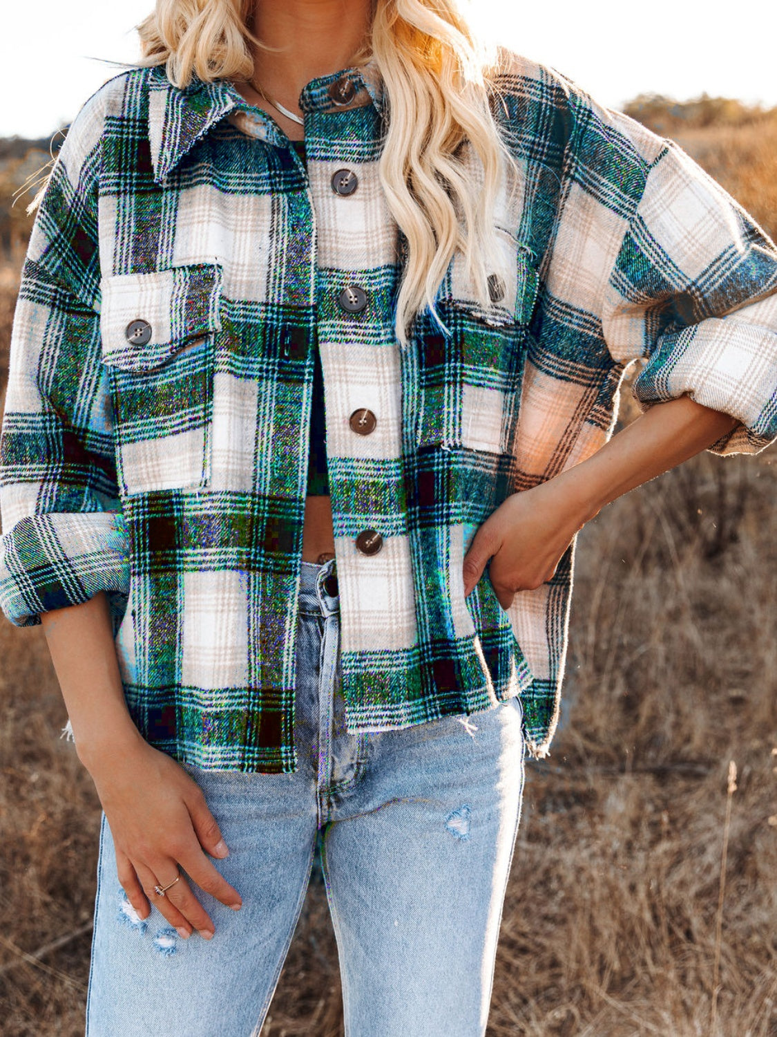 Pocketed Plaid Button Down Long Sleeve Shacket Available In 2 Color Options