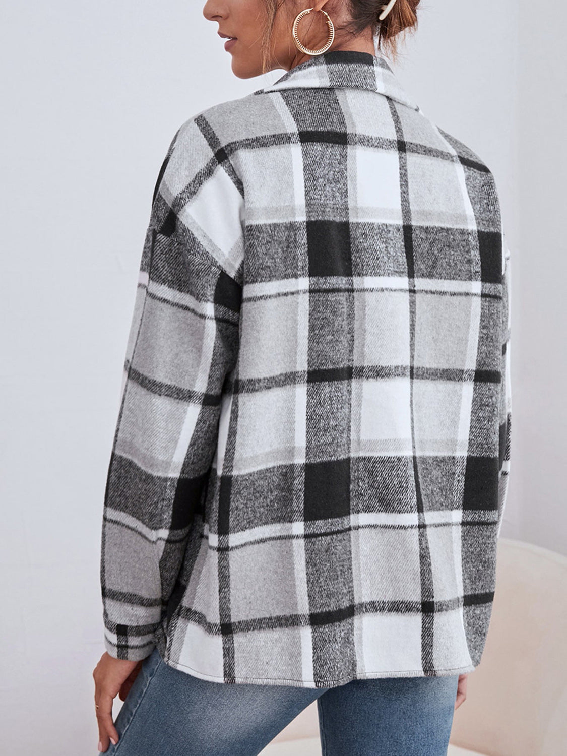 Plaid Collared Neck Button Down Jacket Available In Multiple Color Options