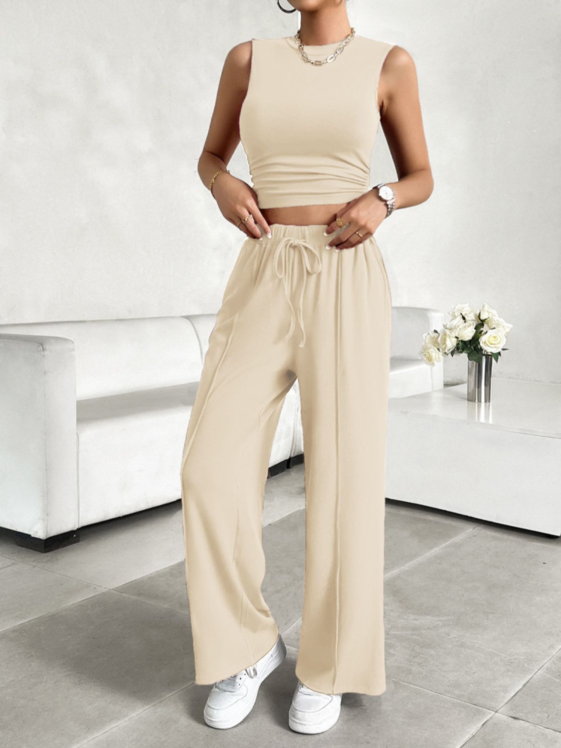 Mock Neck Sleeveless Top and Drawstring Pants Set [ click for additional color options]