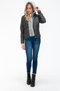 YMI Removable Faux Layered Multi-Pocket Jacket with Fuzzy Hood