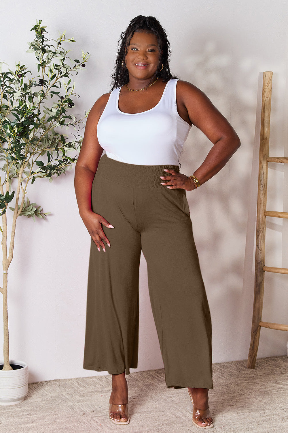 Double Take Full Size Smocked Wide Waistband Wide Leg Pants [Click for additional options]