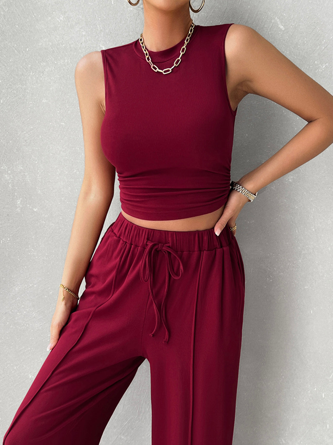 Mock Neck Sleeveless Top and Drawstring Pants Set [ click for additional color options]