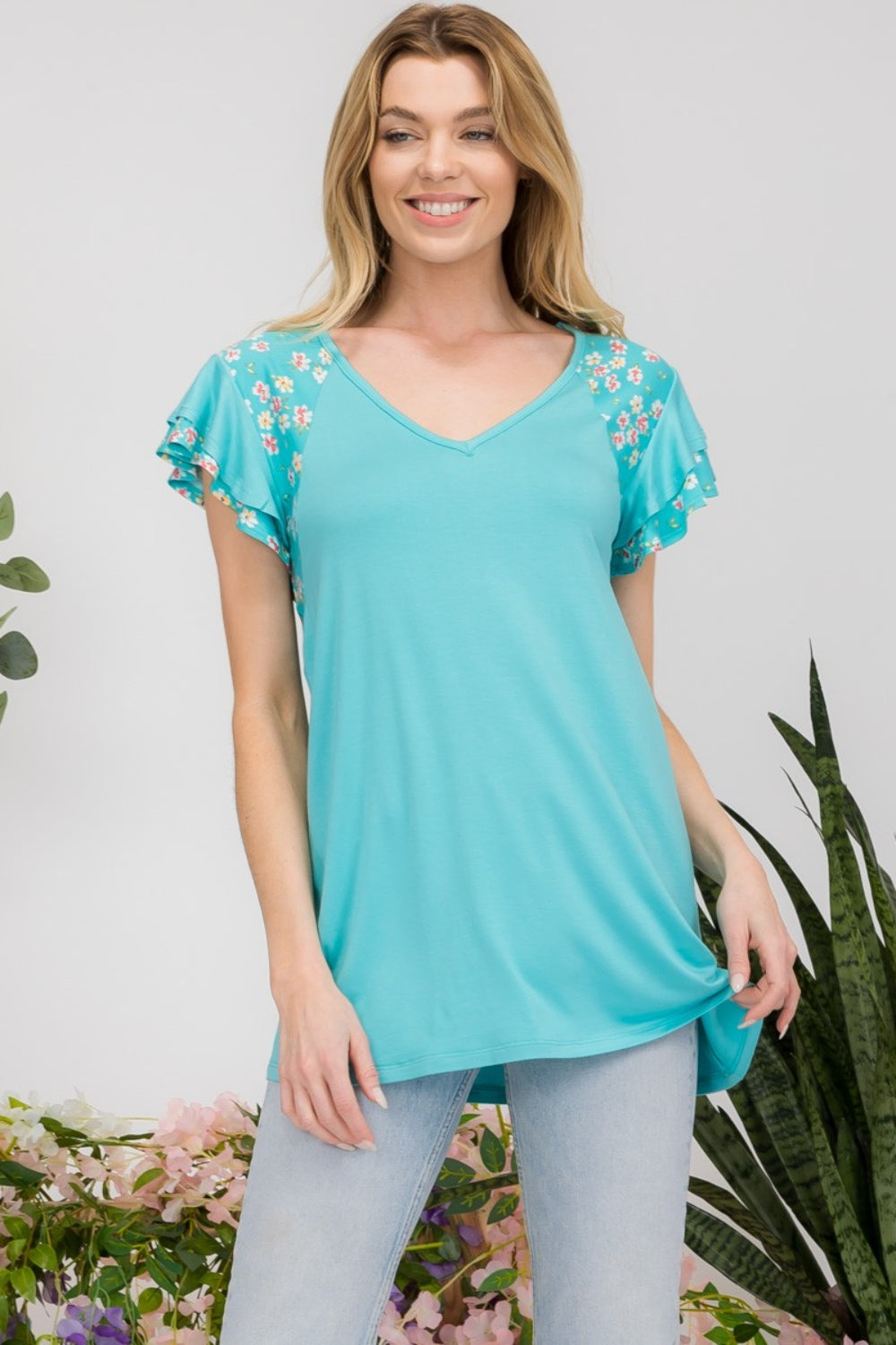 Celeste Full Size Floral Contrast Short Sleeve Top [ click for additional color options]