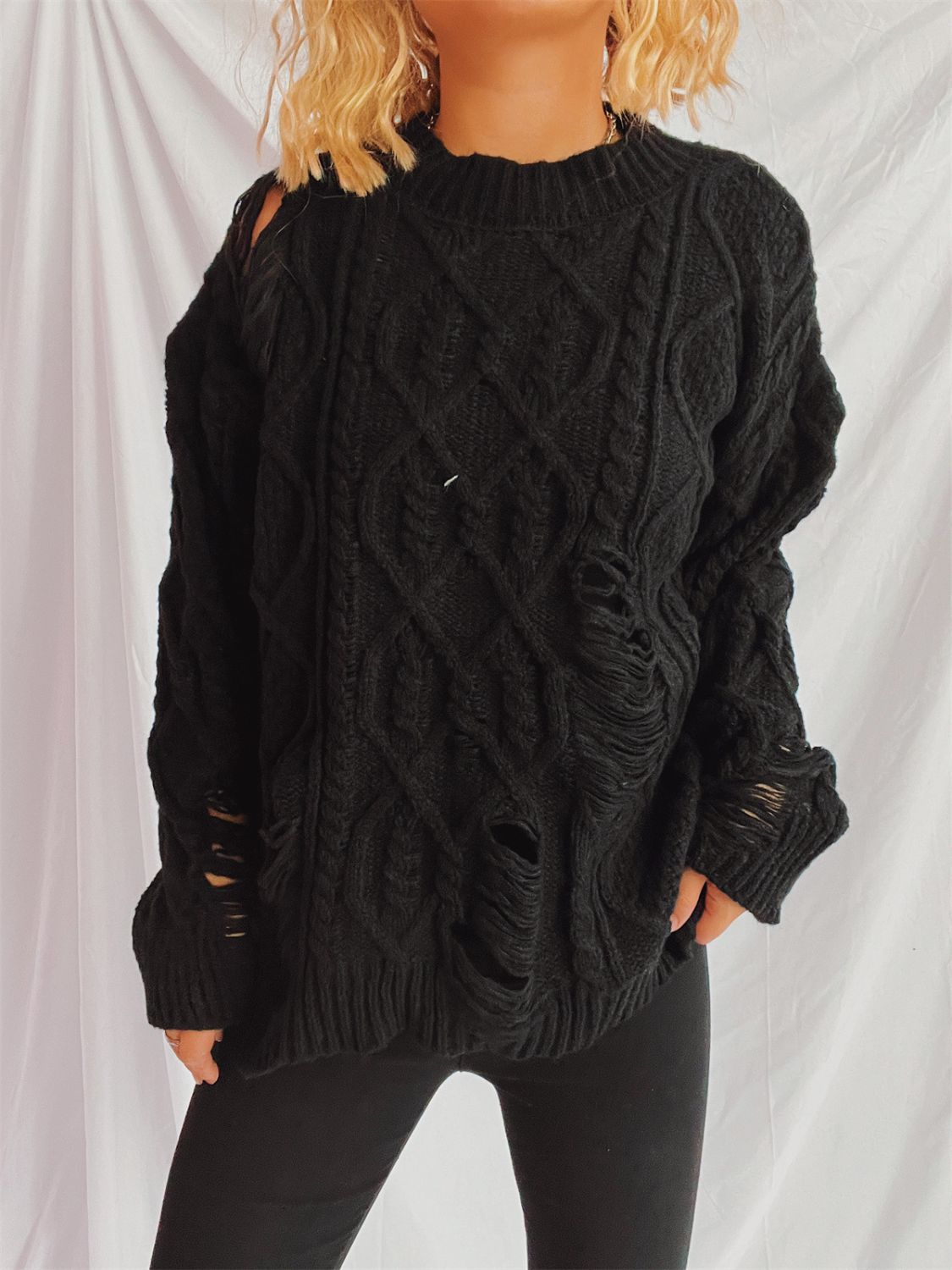 Distressed Cable-Knit Round Neck Long Sleeve Sweater (Available in 4 Color Options)