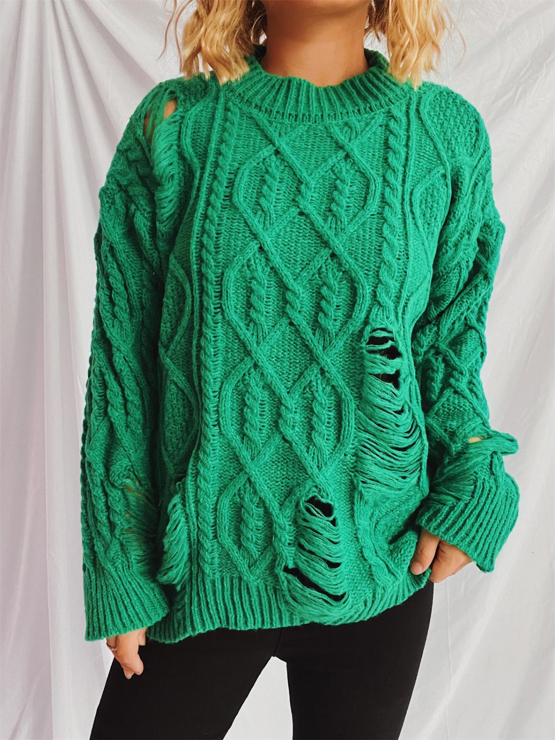 Distressed Cable-Knit Round Neck Long Sleeve Sweater (Available in 4 Color Options)