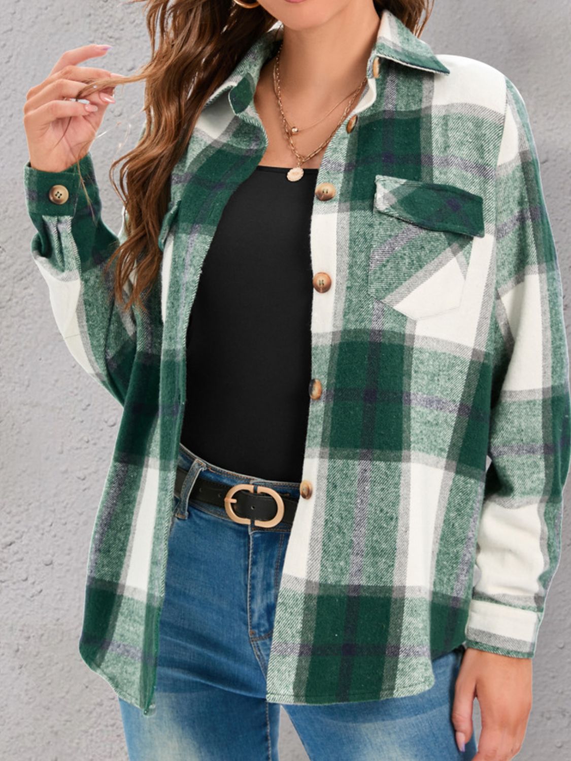 Full Size Pocketed Plaid Collared Neck Shacket Available In Multiple Color Options