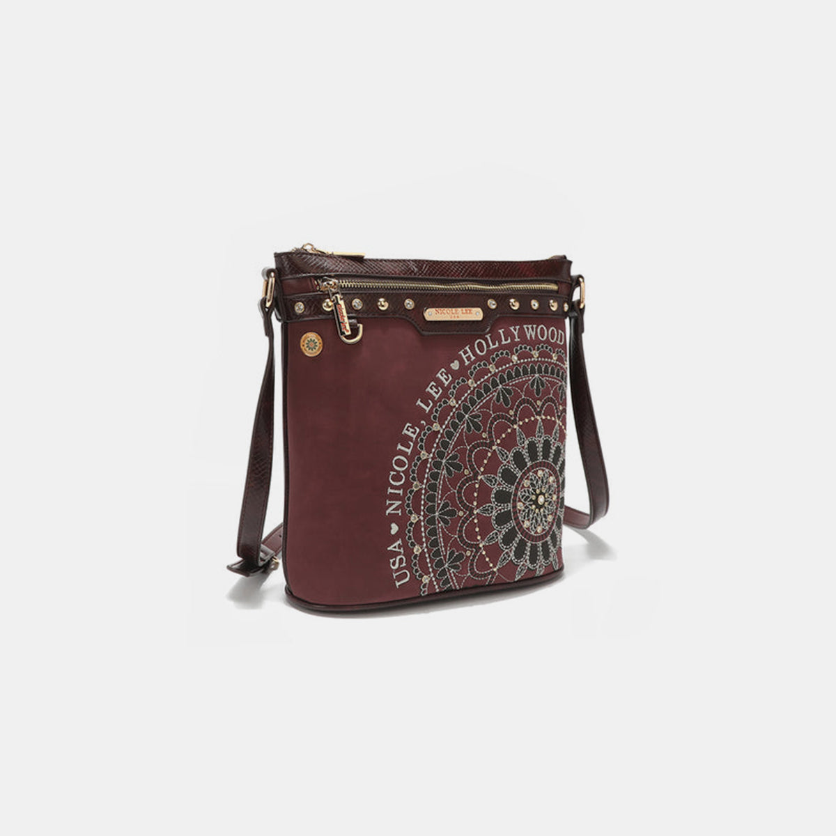 Nicole Lee USA Metallic Stitching Embroidery Inlaid Rhinestone Crossbody Bag [ click for additional color options]