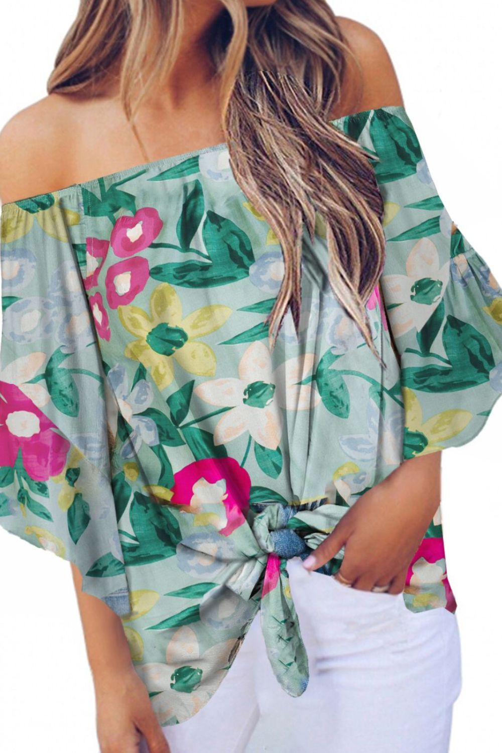 Tied Printed Off-Shoulder Half Sleeve Blouse [ Click for more options]