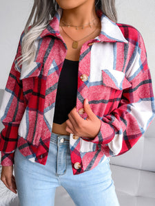 Plaid Collared Neck Long Sleeve Jacket Available in Multiple Color Options