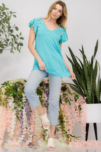 Celeste Full Size Floral Contrast Short Sleeve Top [ click for additional color options]