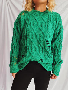 Distressed Cable-Knit Round Neck Long Sleeve Sweater (Available in 4 Color Options)