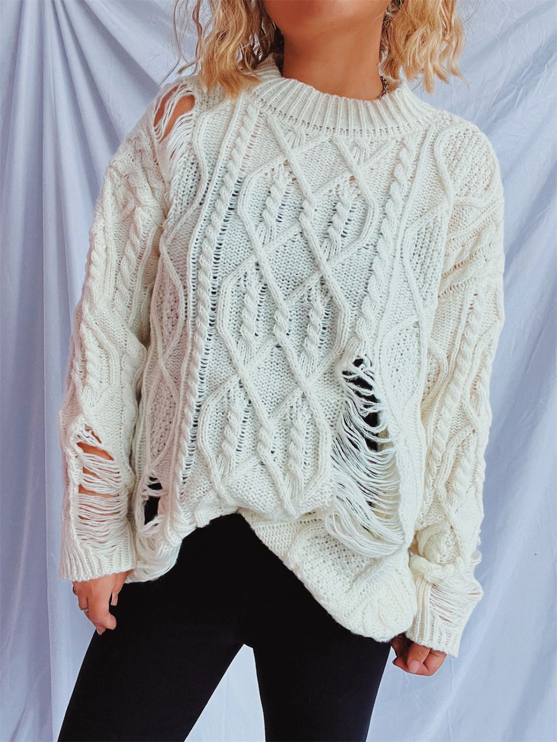 Distressed Cable-Knit Round Neck Long Sleeve Sweater (Available in 4 Color Options)