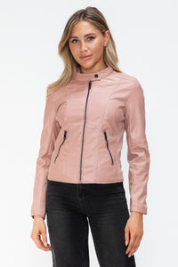 Snobbish Faux Leather Zip Up Drawstring Hooded Jacket