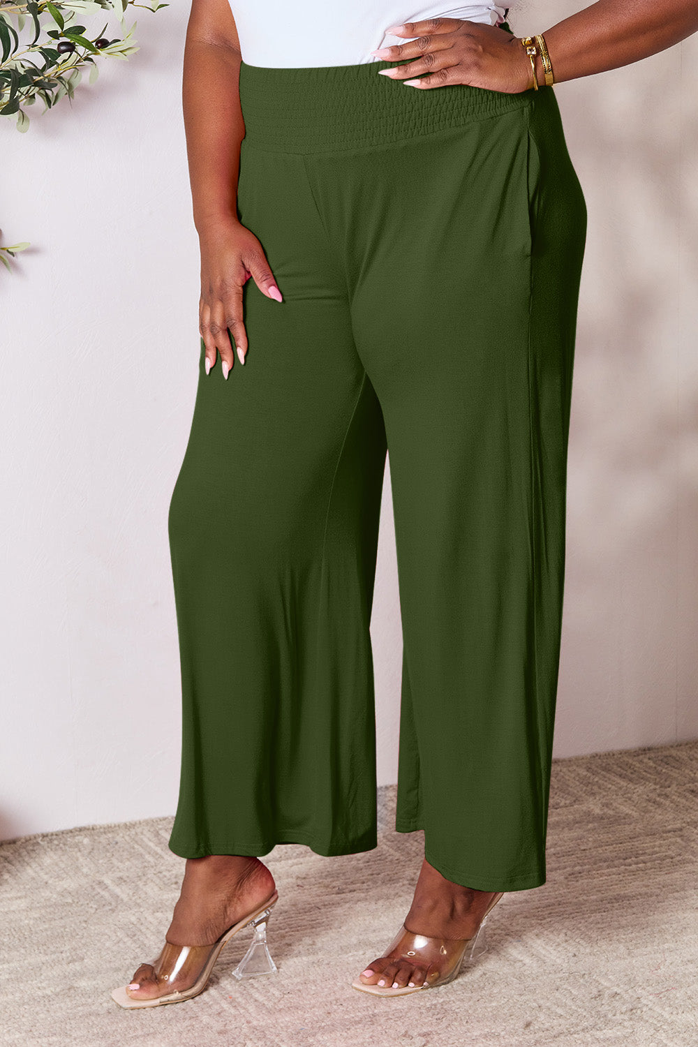 Double Take Full Size Smocked Wide Waistband Wide Leg Pants [Click for additional options]