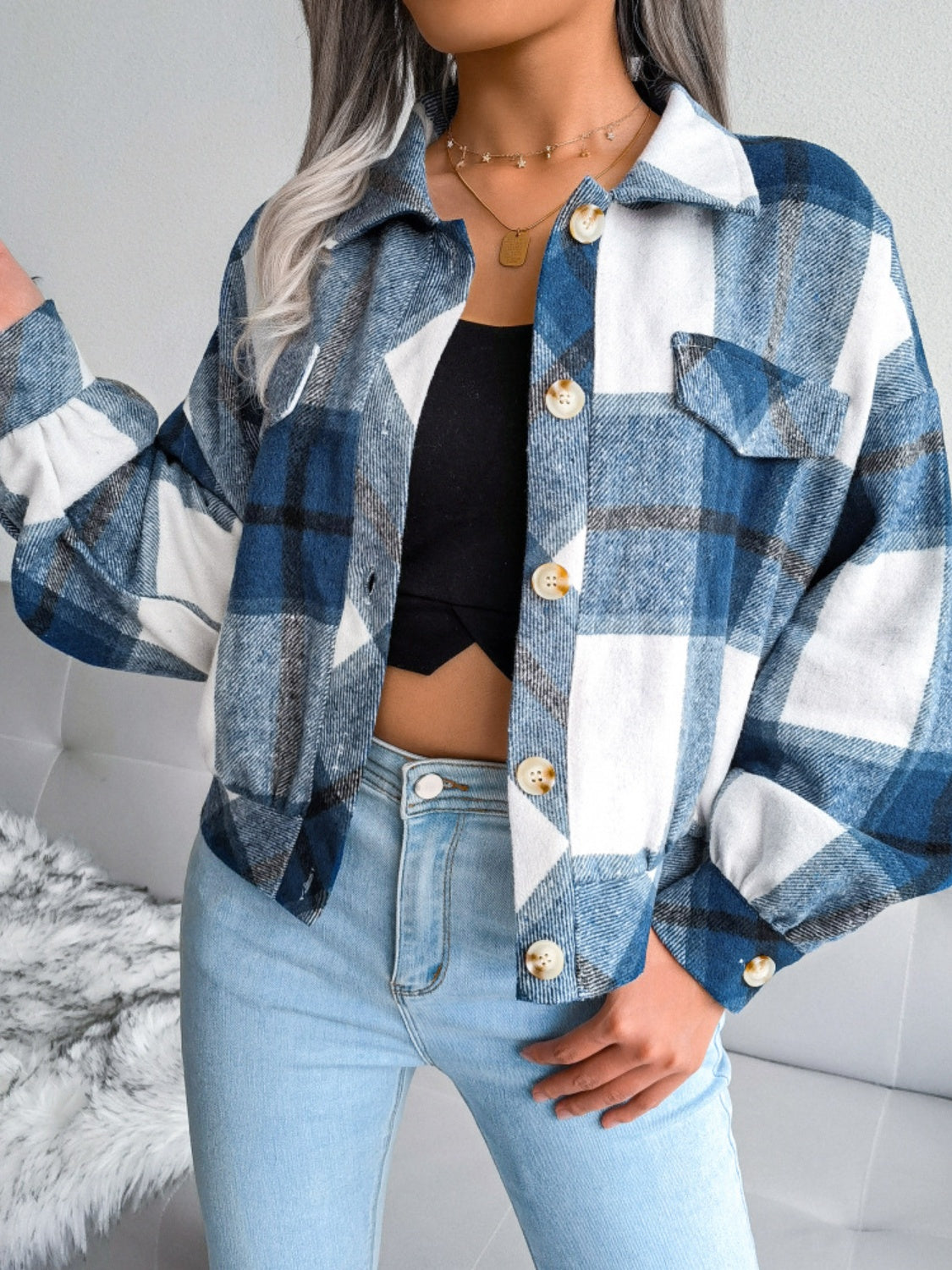 Plaid Collared Neck Long Sleeve Jacket Available in Multiple Color Options