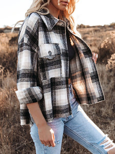 Pocketed Plaid Button Down Long Sleeve Shacket Available In 2 Color Options