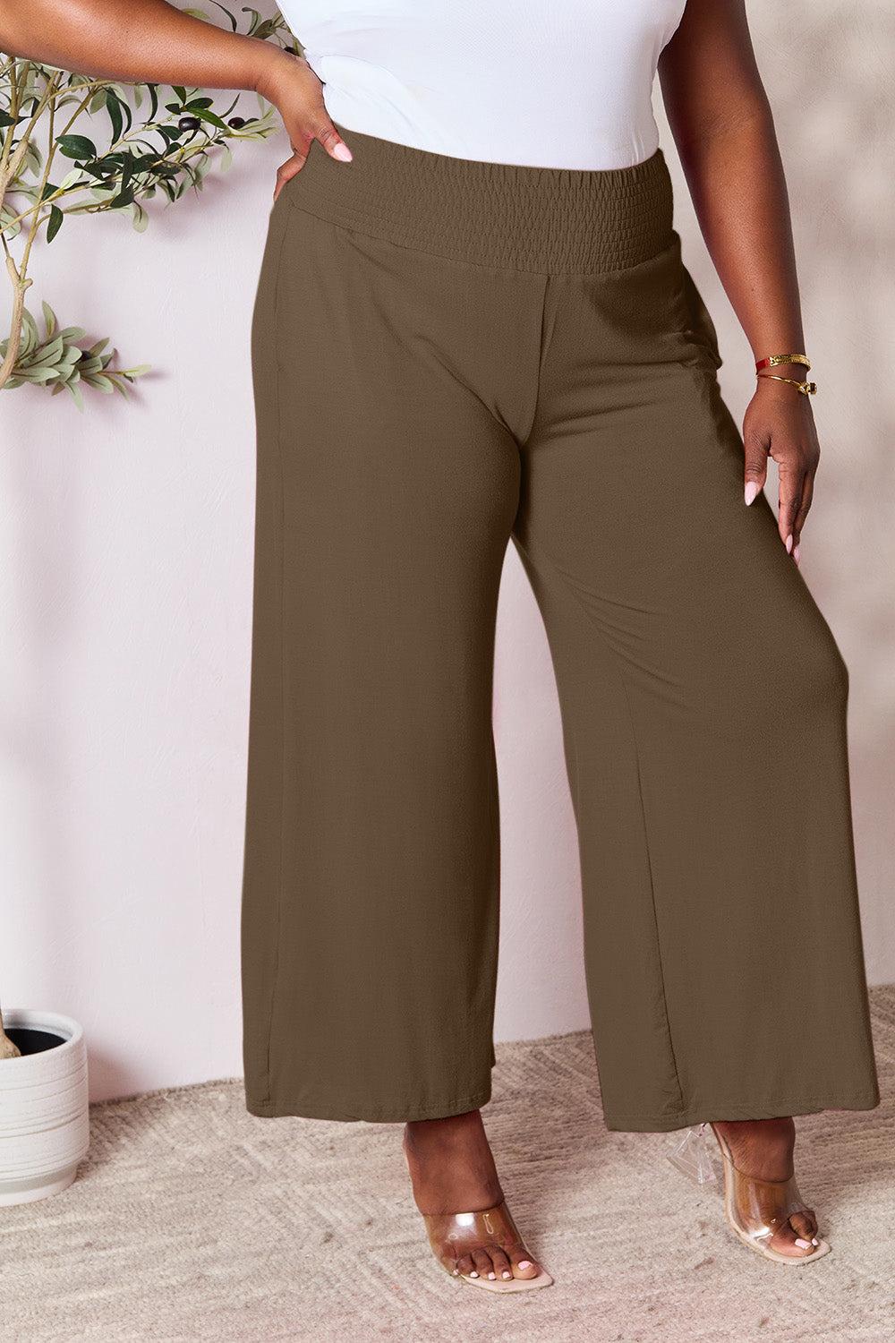 Double Take Full Size Smocked Wide Waistband Wide Leg Pants [Click for additional options]