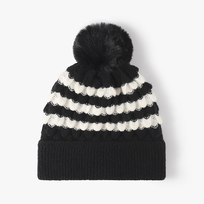 Striped Contrast Knit Hat with Pom-pom🟡🟣⚫️🟤⚪️