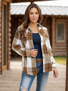 Full Size Pocketed Plaid Collared Neck Shacket Available In Multiple Color Options