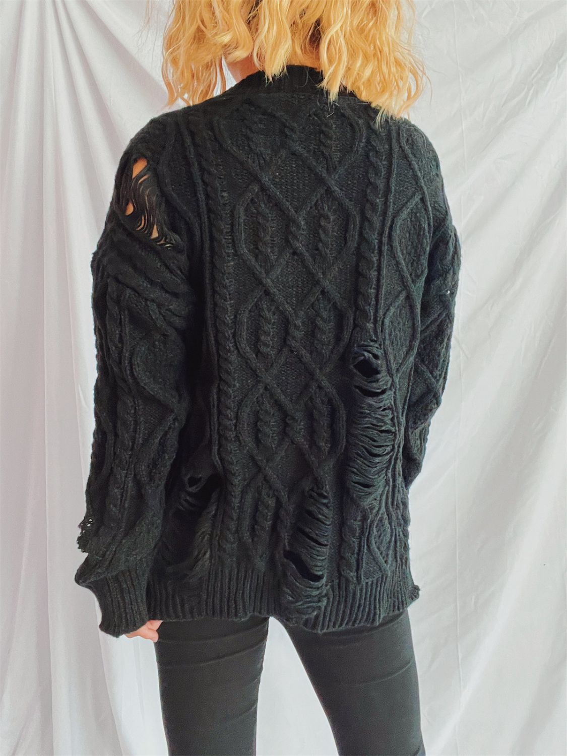 Distressed Cable-Knit Round Neck Long Sleeve Sweater (Available in 4 Color Options)