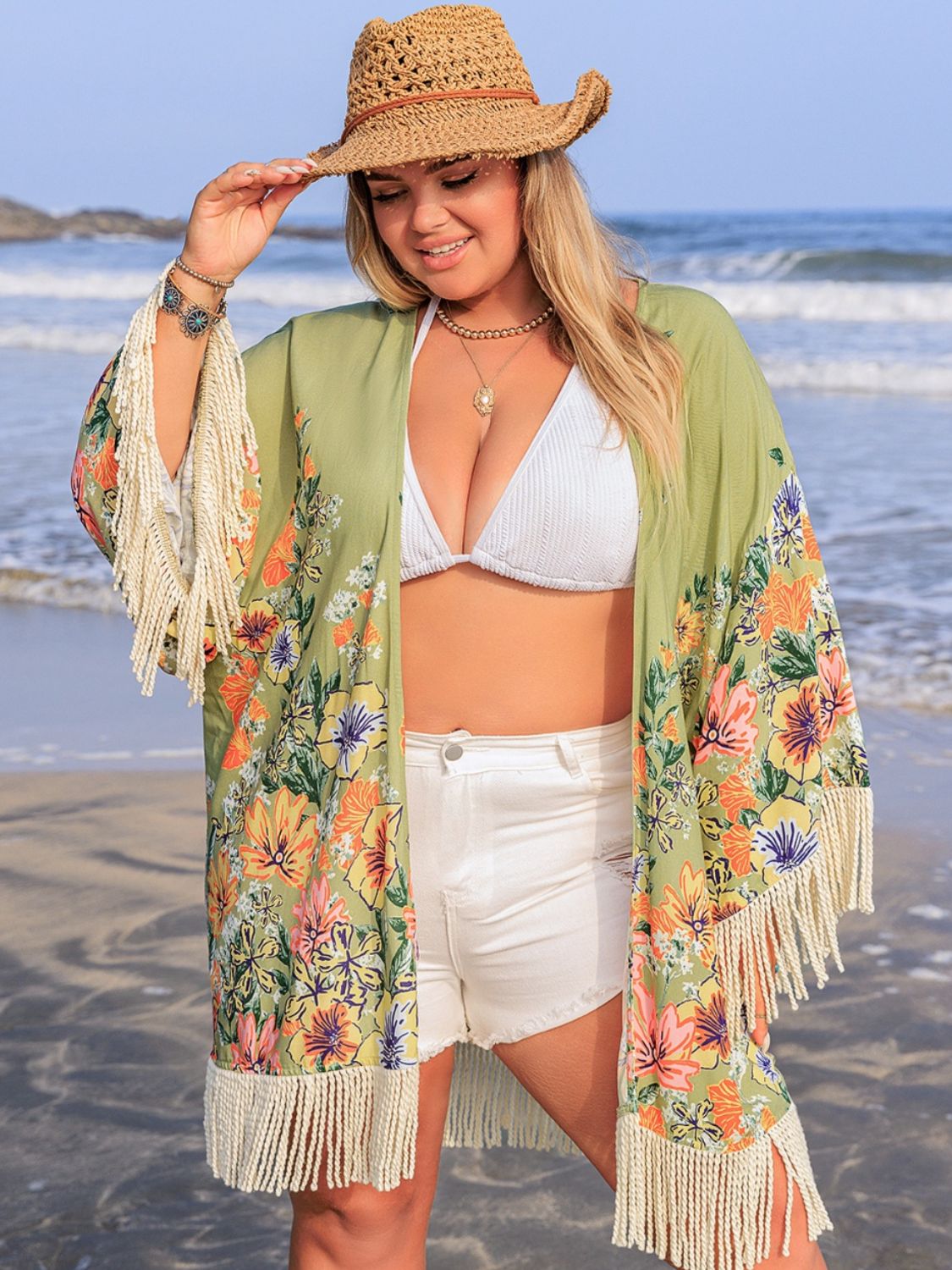 Plus Size Fringe Open Front Cover-Up