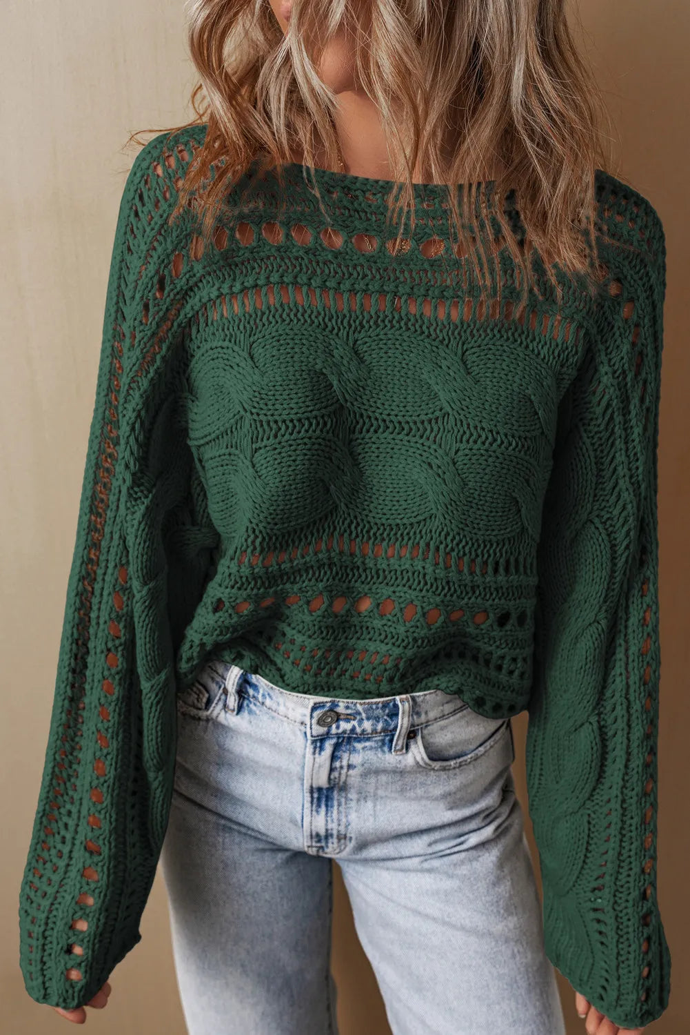 Cable-Knit Openwork Long Sleeve Sweater ( Available in Multiple Color Options)