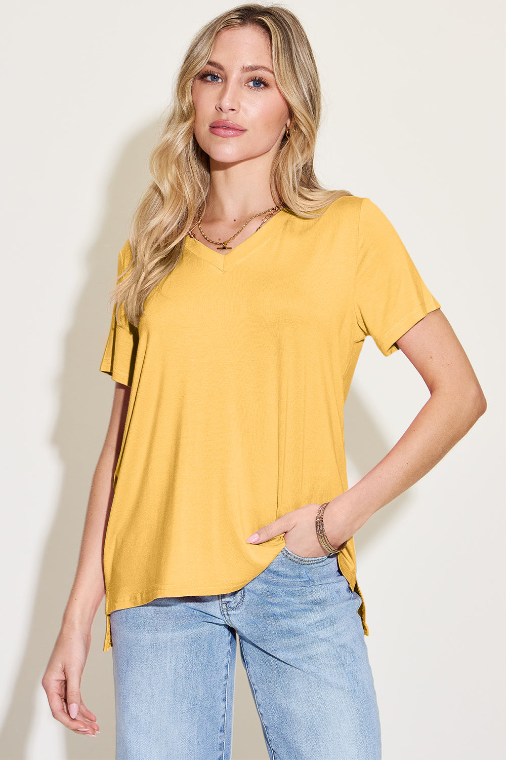 Basic Bae Bamboo Full Size V-Neck High-Low T-Shirt [click for more options]