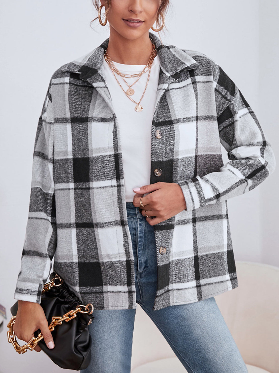 Plaid Collared Neck Button Down Jacket Available In Multiple Color Options