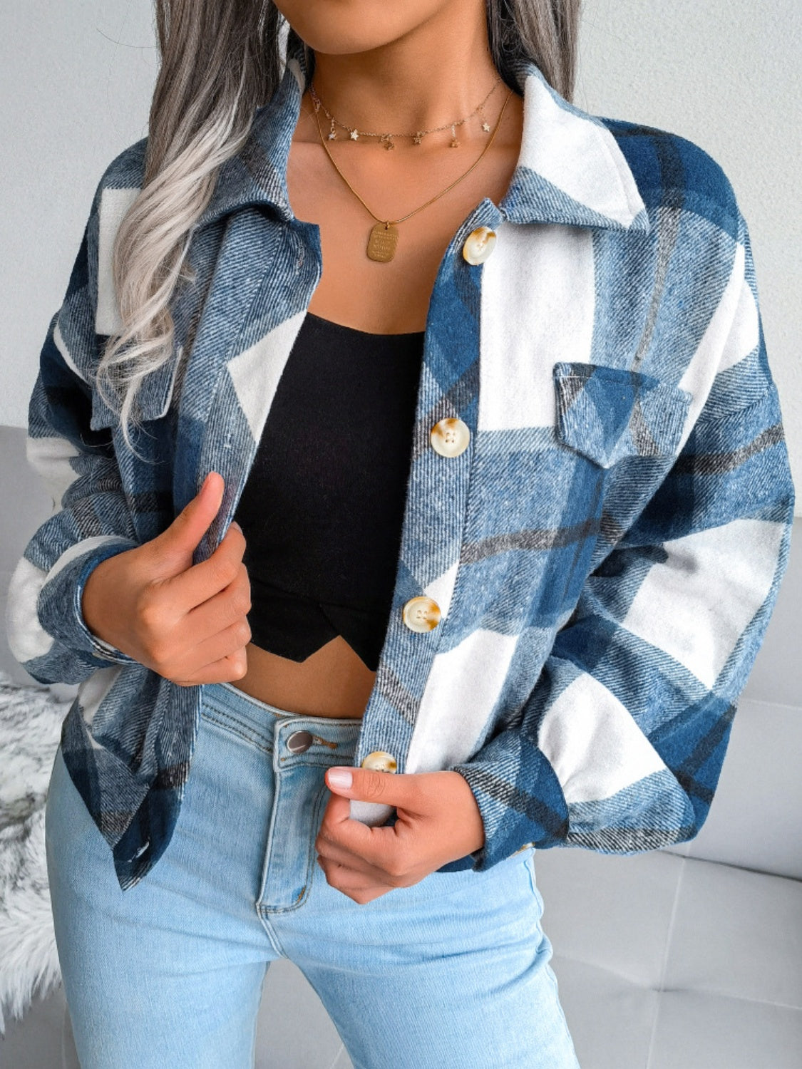 Plaid Collared Neck Long Sleeve Jacket Available in Multiple Color Options