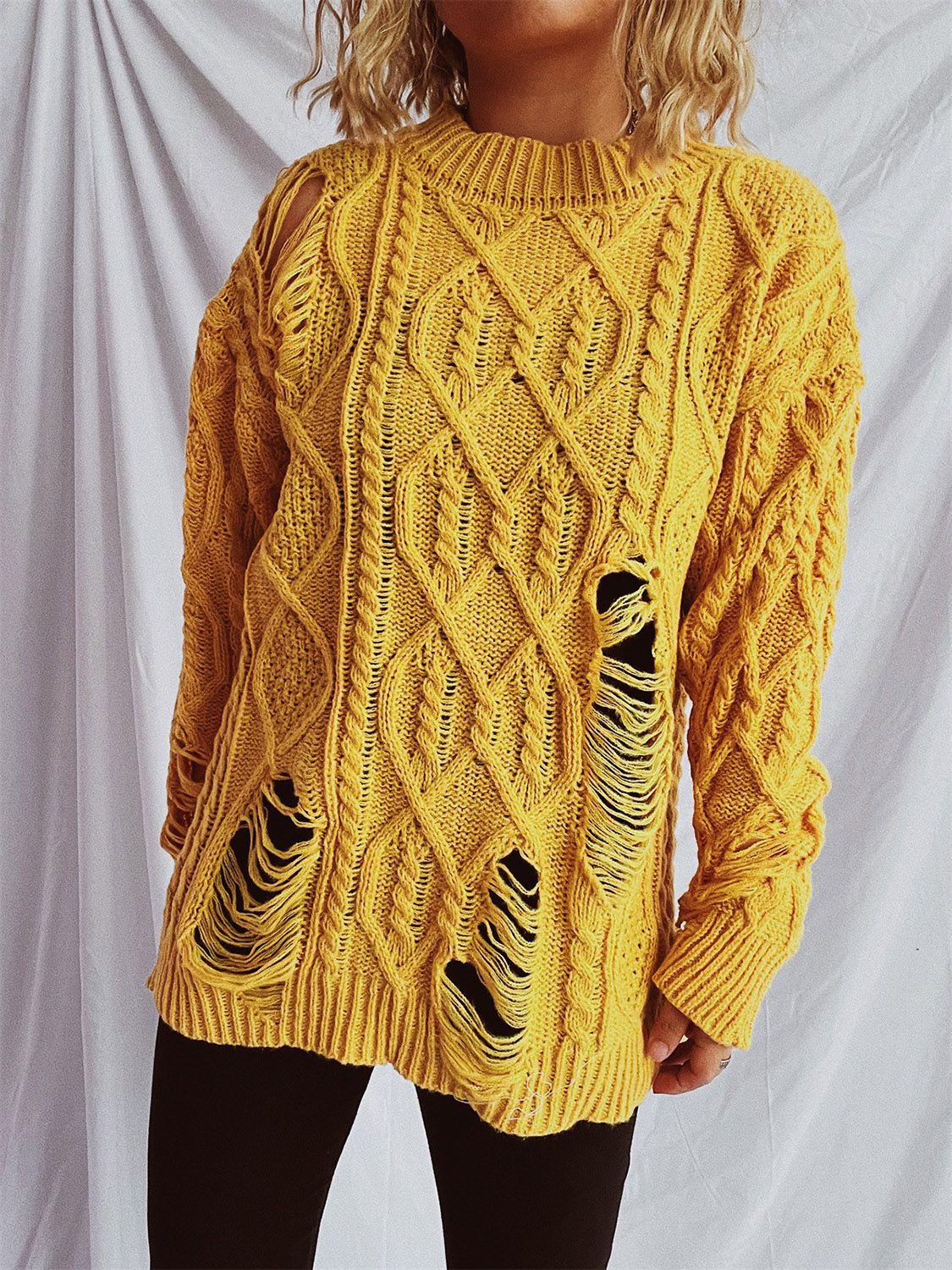 Distressed Cable-Knit Round Neck Long Sleeve Sweater (Available in 4 Color Options)