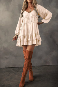 Frill Ruffled V-Neck Long Sleeve Mini Dress