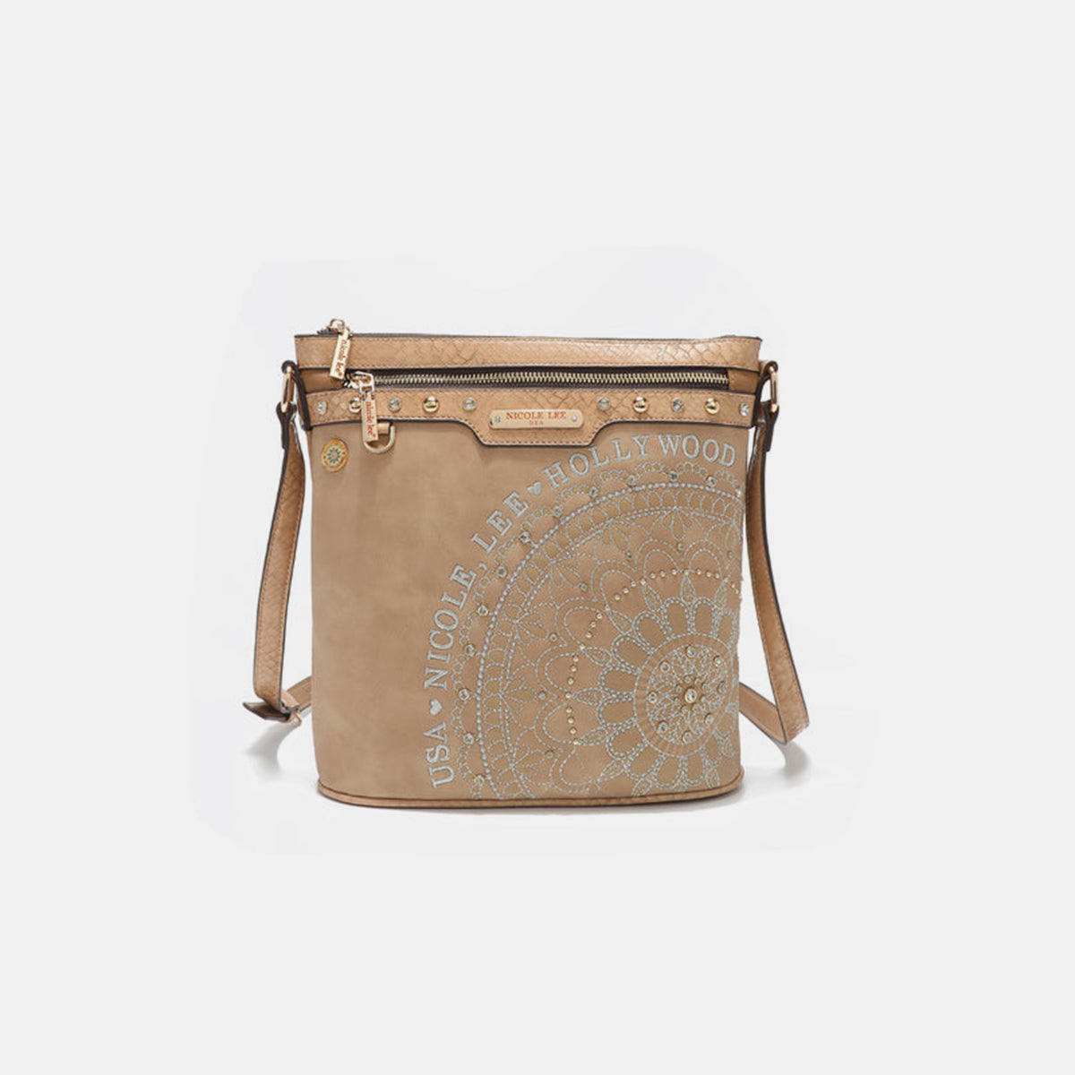 Nicole Lee USA Metallic Stitching Embroidery Inlaid Rhinestone Crossbody Bag [ click for additional color options]