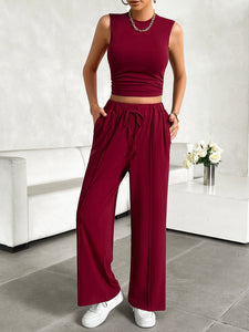 Mock Neck Sleeveless Top and Drawstring Pants Set [ click for additional color options]