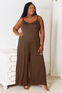 Double Take Full Size Soft Rayon Spaghetti Strap Tied Wide Leg Jumpsuit   (Click for Additional Color Options)