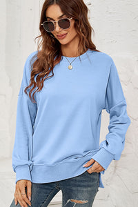 Round Neck Dropped Shoulder Slit Sweatshirt Available in Several Colors