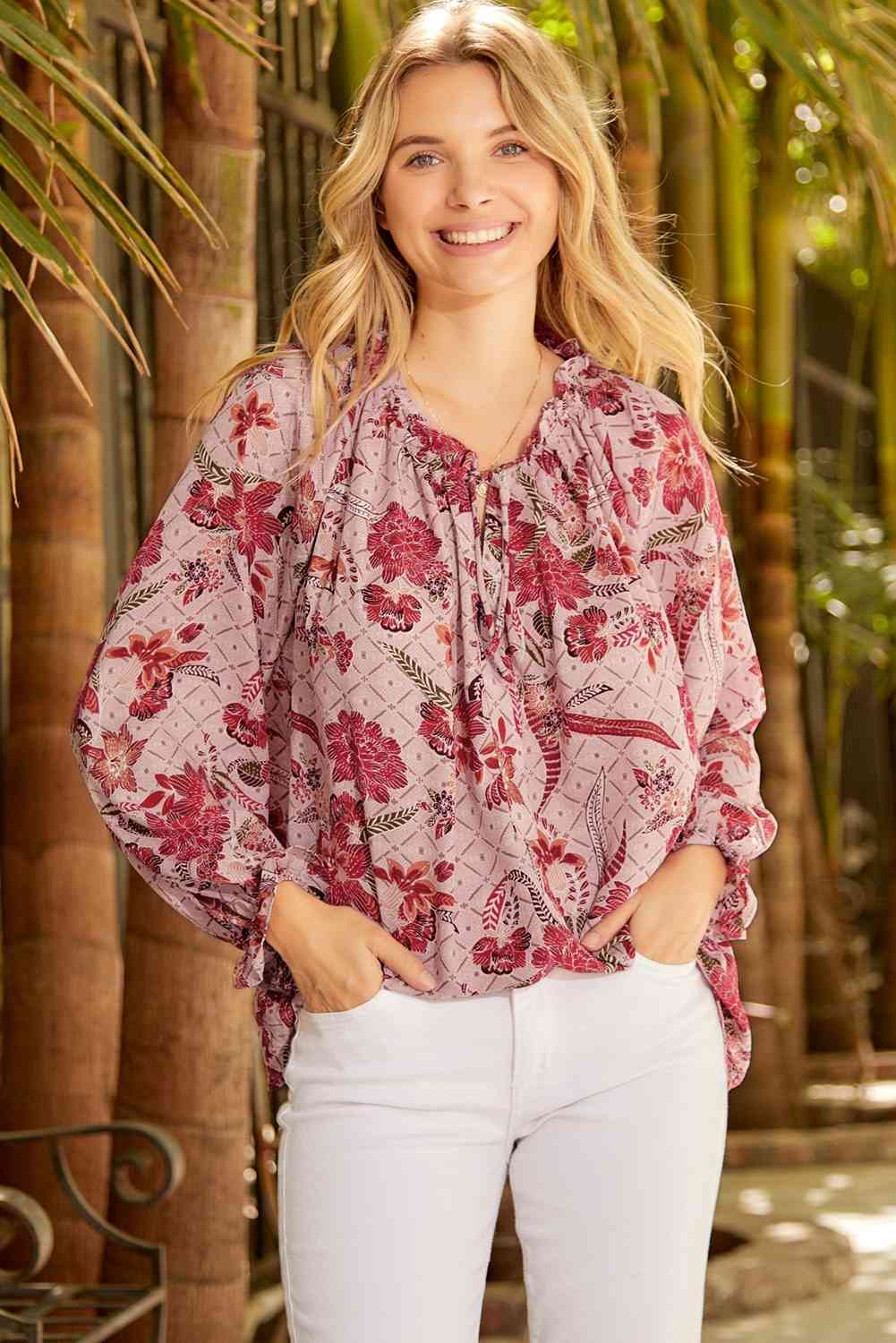 Floral Tie Neck Flounce Sleeve Blouse [CLICK FOR MORE]